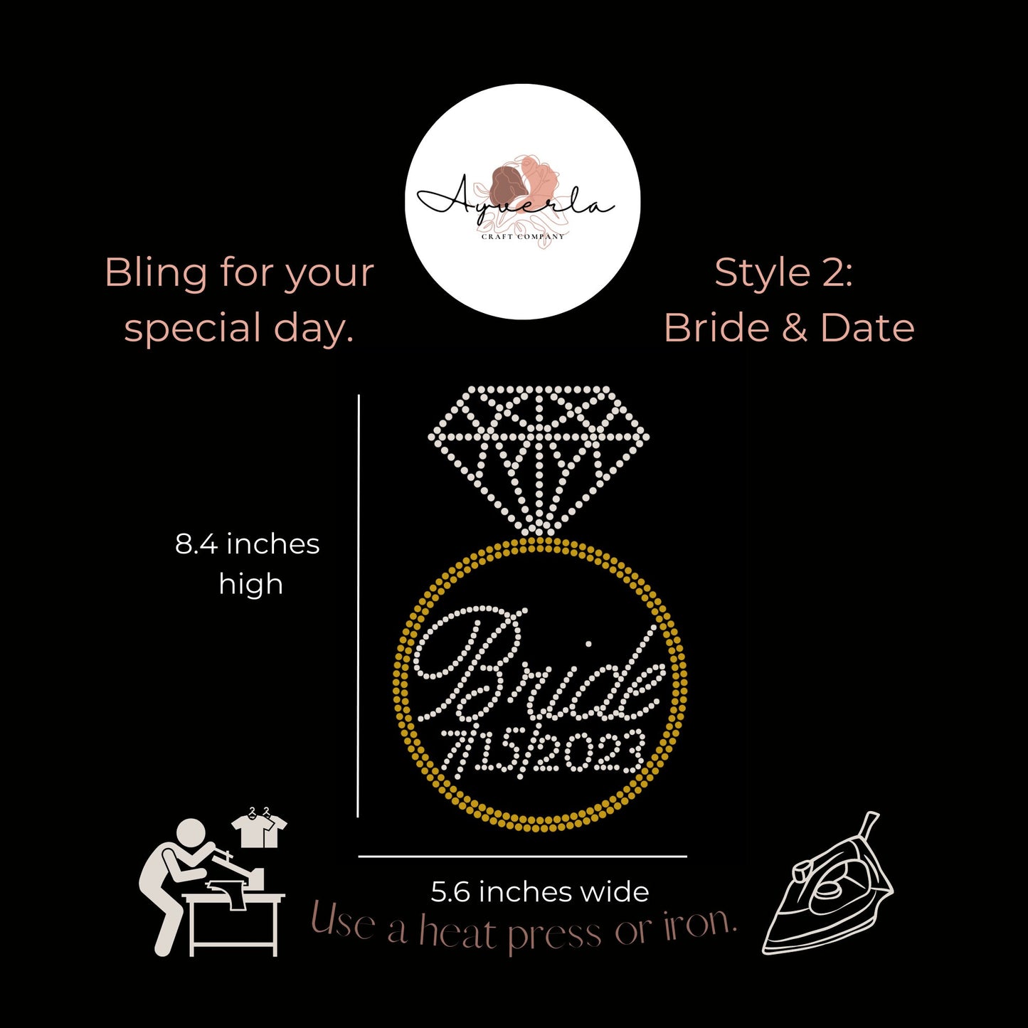 Bride Ring with Sparkle or Date Rhinestone Transfer, Rhinestone Transfer Iron On Bling